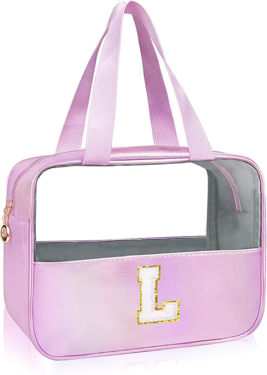 Personalized Initial L Clear Purple Makeup Bag - Large Travel Toiletry Bag, Cute Cosmetic Organizer Set for Girlfriend, Teacher, Teen Girl Gifts