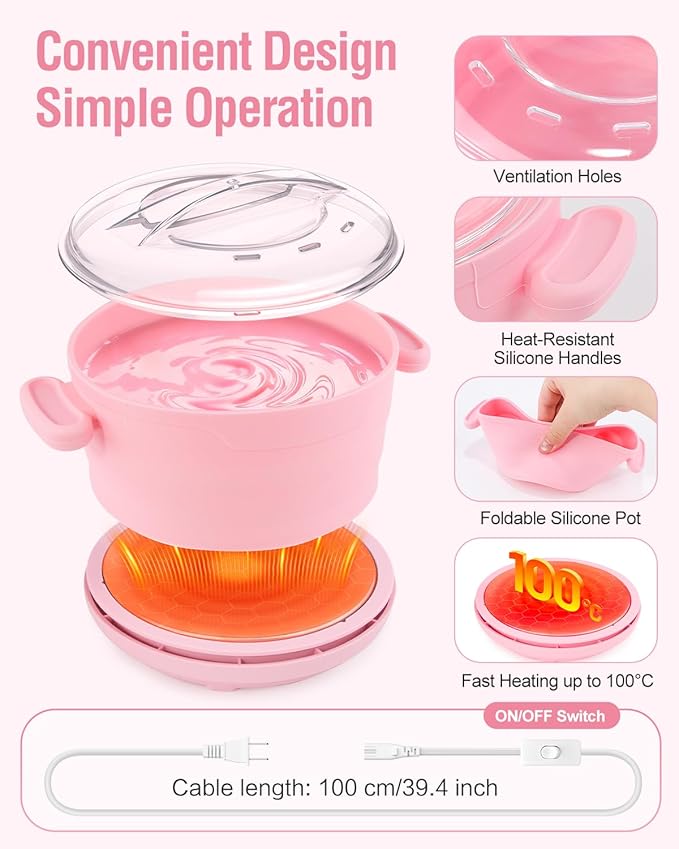 Silicone Wax Warmer for Hair Removal, Foldable Hot Wax Melter Machine for Hard and Soft Wax Beads, 18.6oz Electric Waxing Kit Fast Heating Silicone Pot for Full Body, Legs, Face, Eyebrows & Bikini