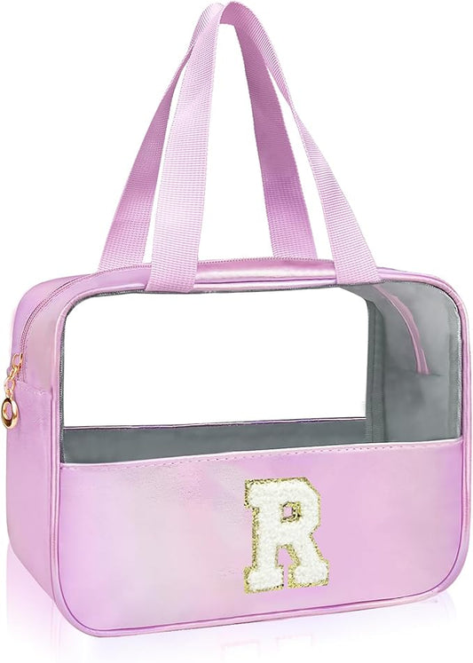 Personalized Initial R Clear Purple Makeup Bag - Large Travel Toiletry Bag, Cute Cosmetic Organizer Set for Girlfriend, Teacher, Teen Girl Gifts