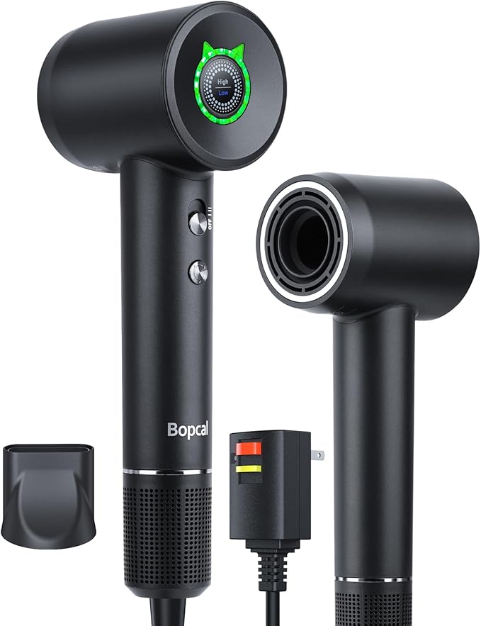 Bopcal Ionic Hair Dryer, 160000 RPM Brushless Motor, Smart Thermo-Control, Negative Ion Fast Drying, Quiet Lightweight Blow Dryer, Cold Air & 4 Heat Settings, for Home Travel Salon, Black