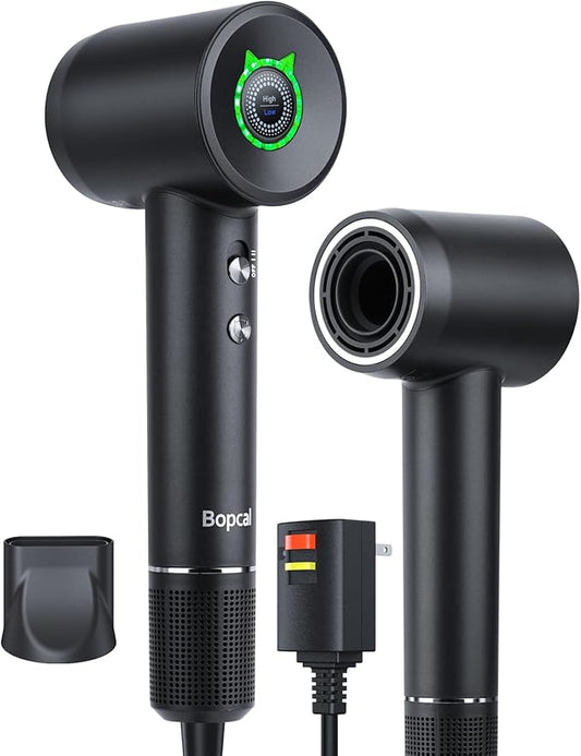 Bopcal Ionic Hair Dryer, 160000 RPM Brushless Motor, Smart Thermo-Control, Negative Ion Fast Drying, Quiet Lightweight Blow Dryer, Cold Air & 4 Heat Settings, for Home Travel Salon, Black