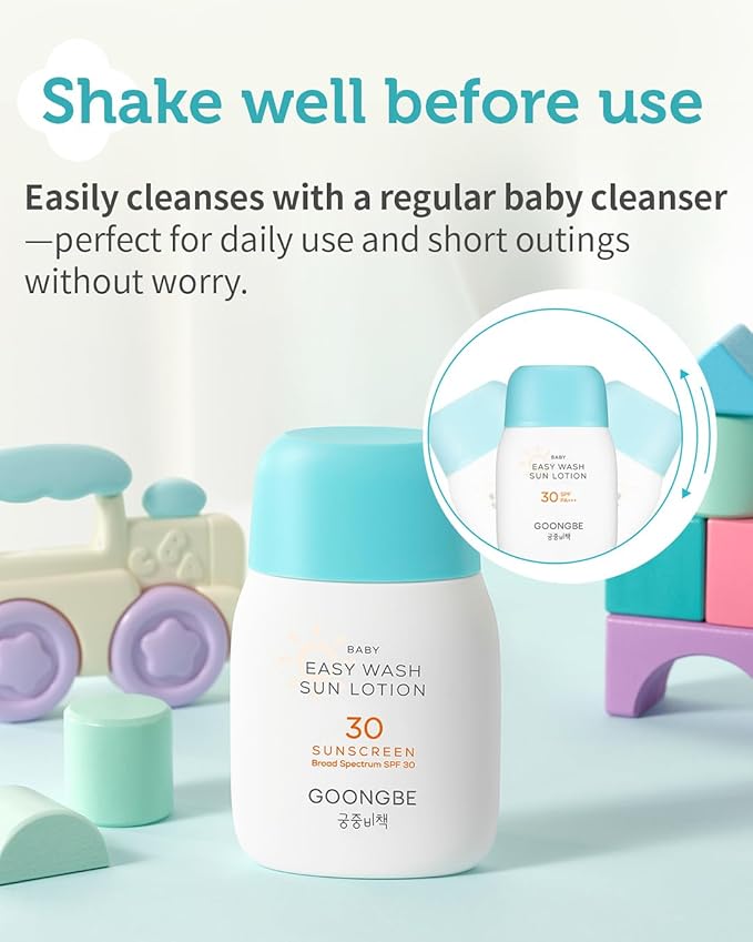 GOONGBE Baby Easy Wash Sun Lotion SPF 30 - Korean Moisturizing Zinc Oxide Mineral Sunscreen for Babies and Kids - Washes Off Easily - Vegan, Reef-Safe, Allergen-Free, 2.11 fl.oz.