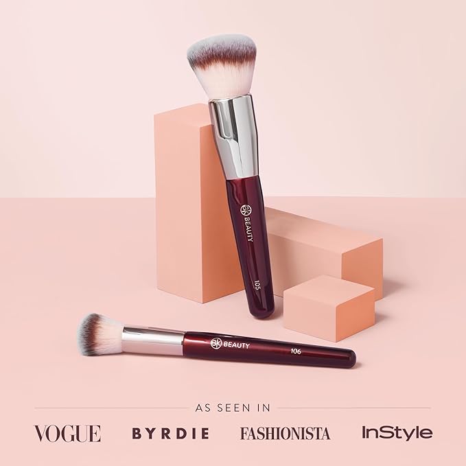 BK BEAUTY - LARGE BUFFER & ROUND FOUNDATION (2PC) - Professional Makeup Brush Set for Liquid or Cream Foundations, Powder & Blush | Premium Face Brushes for Flawless Application