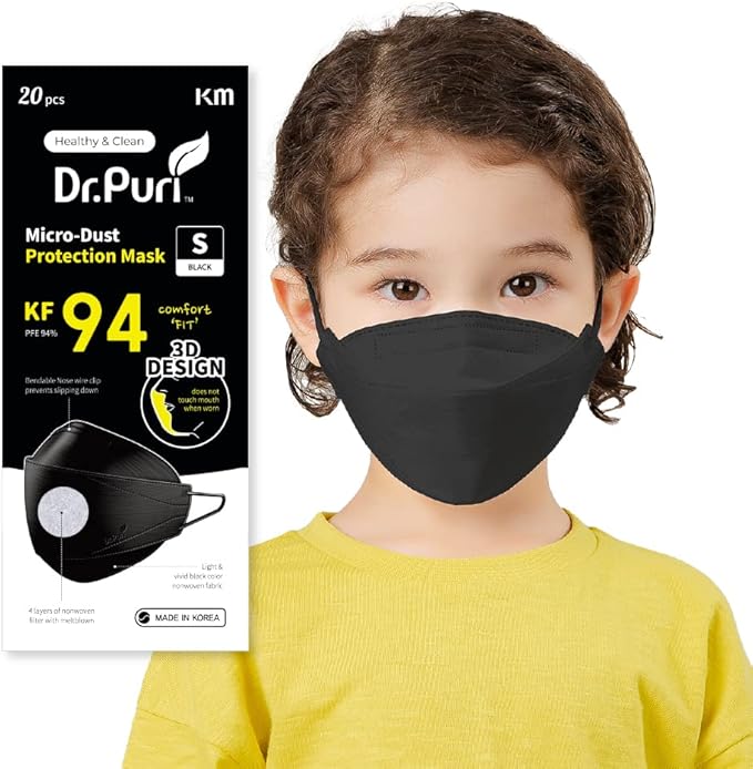 Dr.Puri [20 Pack] New Micro-Dust Protection Kids Face Premium Mask (KF94) Black Small