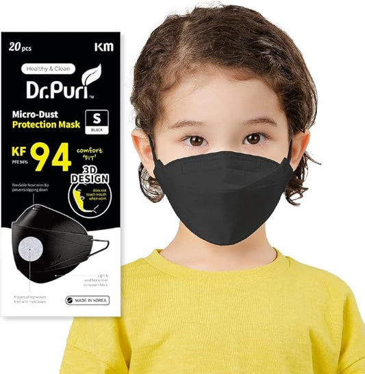 Dr.Puri [20 Pack] New Micro-Dust Protection Kids Face Premium Mask (KF94) Black Small