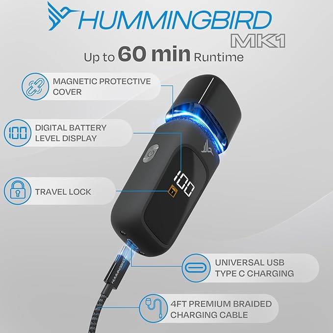 HUMMINGBIRD MK1 Compact Trimmer – Portable Electric Beard & Body Hair Trimmer for Men, Cordless USB-C Rechargeable, Face & Body Groomer, Travel Shaver, Travel Pouch, Great Gifts for Men, Dad, Husband