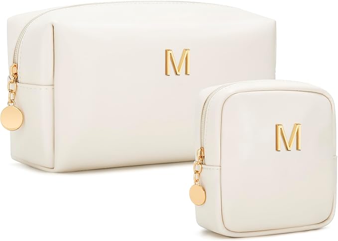 Personalized Christmas Gifts for Women - Initial Makeup Bag Birthday Gifts for Women Travel Toiletry Bag Cosmetic Bags with Soft PU Leather (Beige M)