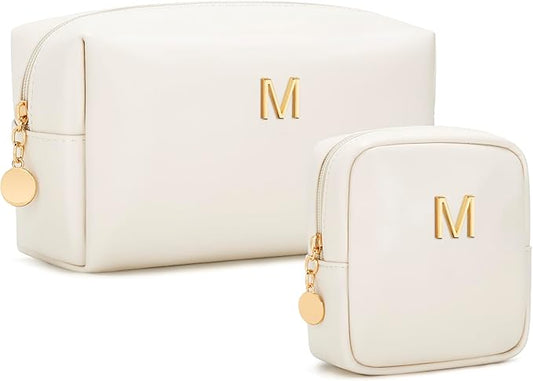 Personalized Christmas Gifts for Women - Initial Makeup Bag Birthday Gifts for Women Travel Toiletry Bag Cosmetic Bags with Soft PU Leather (Beige M)