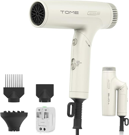 TOME 1200W Hair Dryer Travel Dual Voltage 120V/240V Foldable Blow Dryer with Diffuser Comb Nozzle Storage Bag Universal Power Adapter (White)