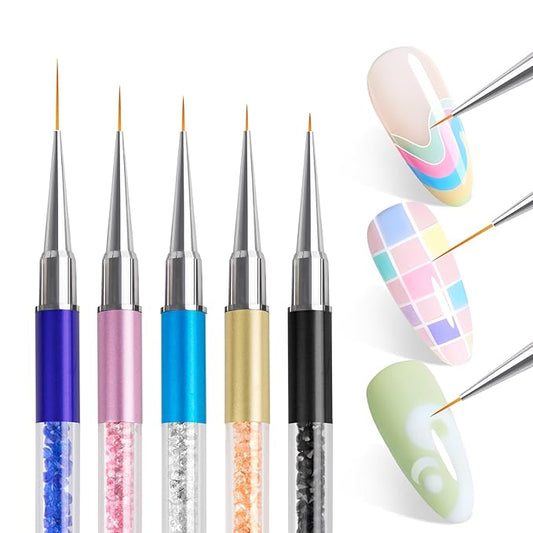 Nail Art Brushes, 5Pcs Nail Design Brushes with Nail Liner Brush and Fine Nail Art Pen for Salon at Home DIY Manicure (5/7/9/11/20mm)