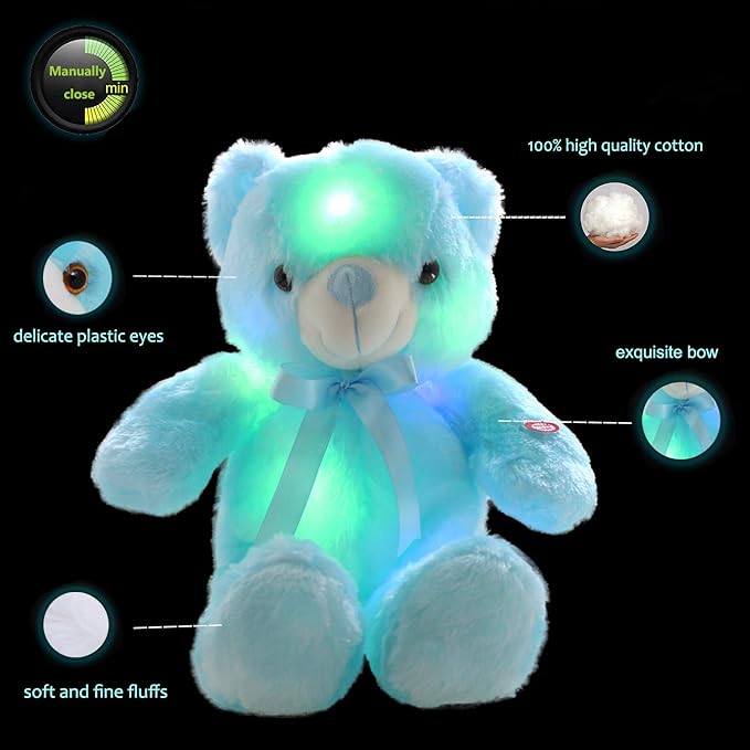 LED Teddy Bears Stuffed Animals, Cute Glow Bear Plush Toys Creative Colorful Luminous Light Up Doll Gifts for Bedroom, Kids, Baby, Valentine,Blue,18 inch