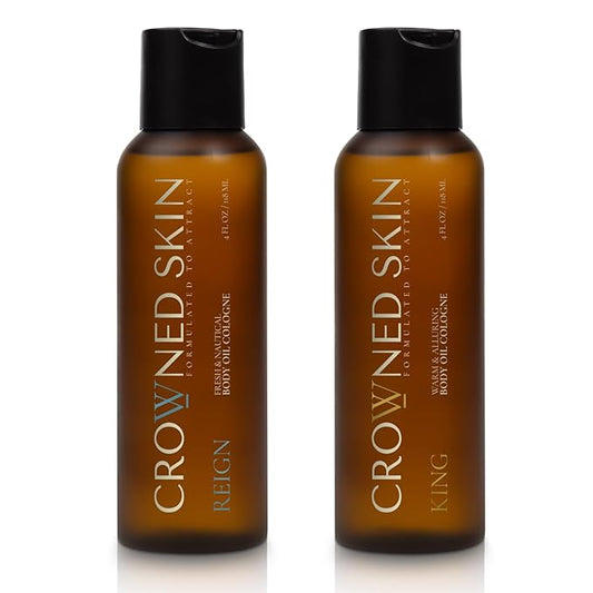 Crowned Skin King and Reign Body Oil Cologne Bundle | New Moisturizing Formula | Skin Care Set with Sandalwood, Leather, Fresh, and Nautical Scents | Natural Shea & Mango Butters | All-Day Fragrance