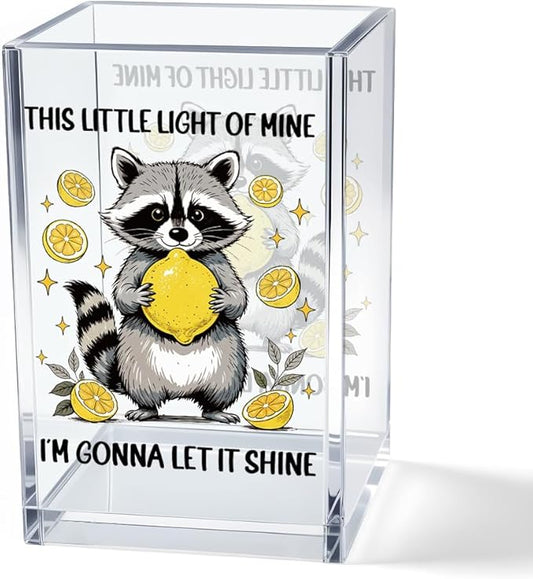 This Little Light Of Mine I'm Gonna Let It Shine Acrylic Cosmetic Pencil Pen Holder Cup, Funny Raccoon Lemon Pen Holder Cup, Raccoon Lover Gifts, Mental Health Gifts for Women Colleague Teacher