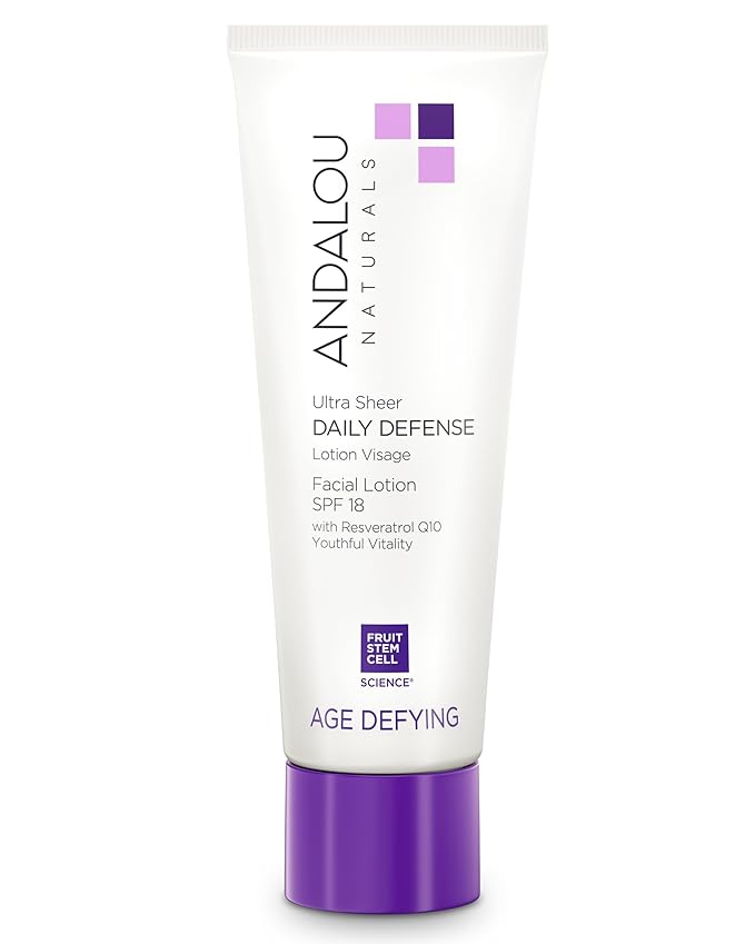 Andalou Naturals Age Defying Ultra Sheer Daily Defense Facial Lotion SPF 18 - Lightweight Sunscreen Moisturizer for Face - With Resveratrol CoQ10 - For All Skin Types - 2.7 oz