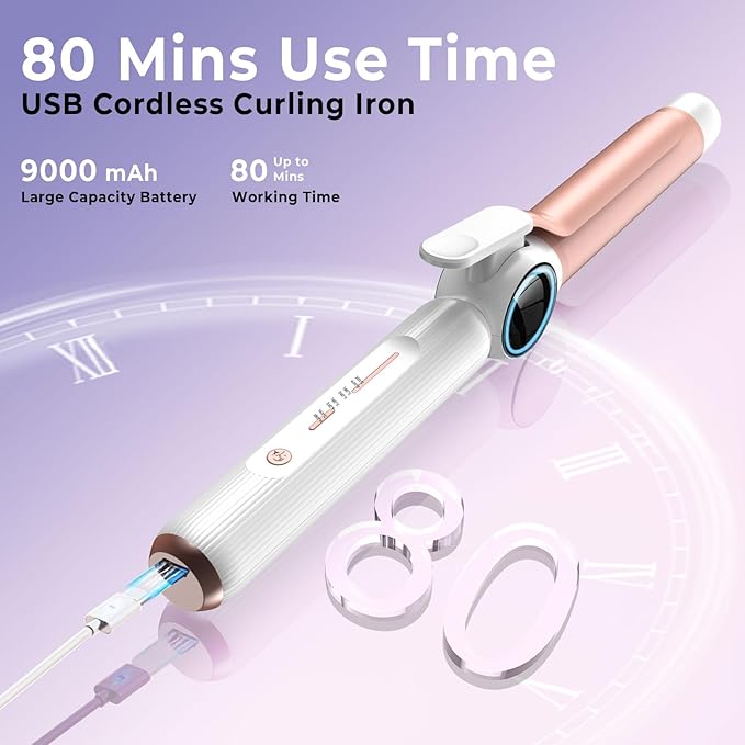 Curling Iron 9000 mAhUSB Rechargeable, 4 Temps Setting Hair Curlers, 280°F-400°F Travel Curling Wand, Ceramic Hair Styling Tools Hot Rollers Hair Curlers