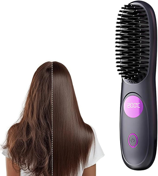 Go Brush Pro, Cordless Hair Straightener Brush, Portable Mini Hair Straightening Brush with 3 Temperature Settings & LED Display, USB Rechargeable Fast Heating Hairs Brush for Travel (Black)