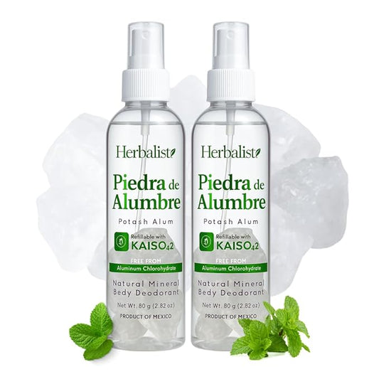 2 Bottles - Natural Crystal Piedra Alumbre Deodorant Spray – Refillable 80g (2.82oz) Each - Potash Alum Mist for Women, Men & Teens – With Real Alum Stones – Aluminum-Free, Long-Lasting