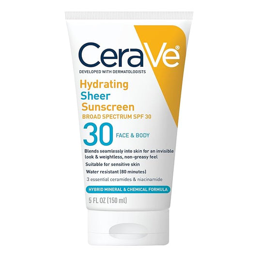 CeraVe Hydrating Sheer Sunscreen with SPF 30 for Face and Body, Mineral & Chemical Sunscreen for Men & Women with Zinc Oxide, Hyaluronic Acid and Ceramides, Paraben-Free + Fragrance-Free, 5 Ounces