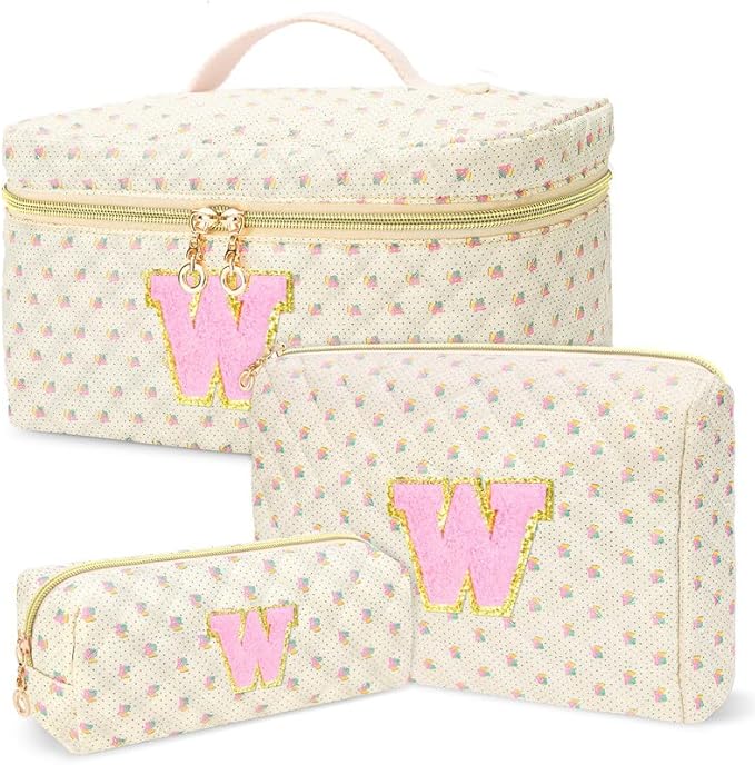 3 PCS Travel Makeup Bag Set,A-Z Initials Cotton Make up Bag Floral Quilted Cosmetic Bag for Girls and Women,Personalized Christmas Gifts,Cute Toiletry Travel Accessories Brushes Bags-W