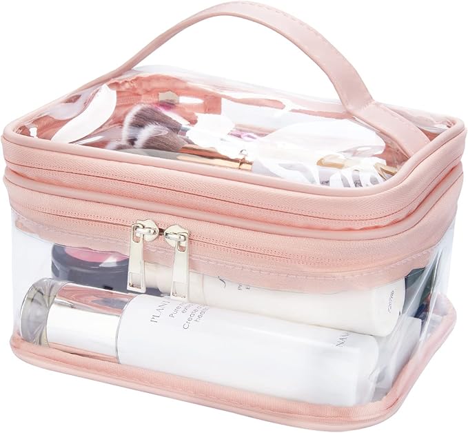 Double Layer Clear Cosmetic Bag Makeup Bag, Waterproof Travel Toiletry Bag, Transparent PVC Hair & Nail Accessories Pouch Beach Bag Organizer (Pink)