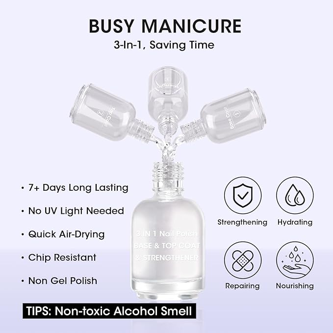 GELLEN 3-In-1 Clear Nail Polish Base Top Coat, Nail Strengthener Growth, Breathable Nail Polish, Treatment For Damaged Dry Nails, Keratin & Vit E, Air Dry, Hema Free, Non-toxic, Anti-yellowing