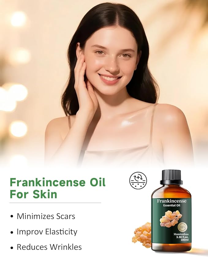 Mumianhua 100% Pure Frankincense Essential Oil Natural Frankincense Oil for Aromatherapy Therapeutic Grade Resin Oil for Skin, Meditation Diffuser & Candle Making | for Home & Office Focus 3.38 Fl Oz