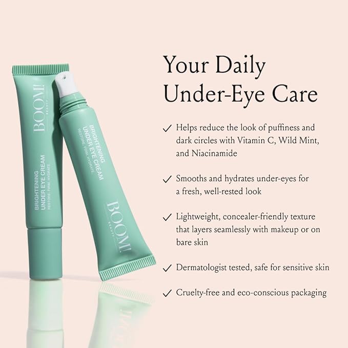 Boom Awaken Cooling Under Eye Cream - Targets Puffiness & Uneven Tone with Vitamin C, Licorice Root, Wild Mint, Green Tea & Hyaluronic Acid - Lightweight, Refreshing, Vegan Formula - 0.5 oz