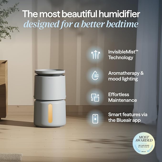 BLUEAIR Room Humidifier - DreamWell - 48Hr Top-Fill Mist-Free InvisibleMist Technology Aroma Stone for Essential Oils and Soothing Mood Lighting - Quiet Operation for Bedroom and Home Use, Grey