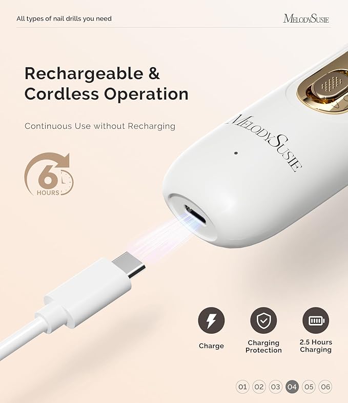 MelodySusie Cordless Pedicure & Manicure Nail Drill Kit, PC760G for Salon-Quality Foot Care for Home & Travel, Rechargeable with 5 Speeds, 8-in-1 Bits, 360° LED Light & Anti-Dust Shield, White