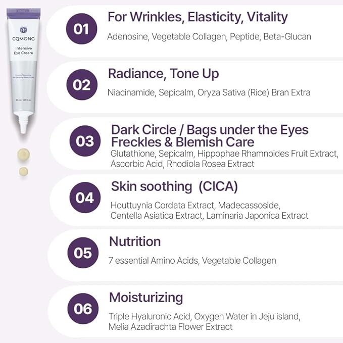 Intensive Eye Cream 1.01 fl oz for dark circles, puffiness, wrinkles, fine lines, bags under eyes, dark spots l Natural wood scent l Glutathione, Collagen, 7 Amino Acids, Adenosine l Korean