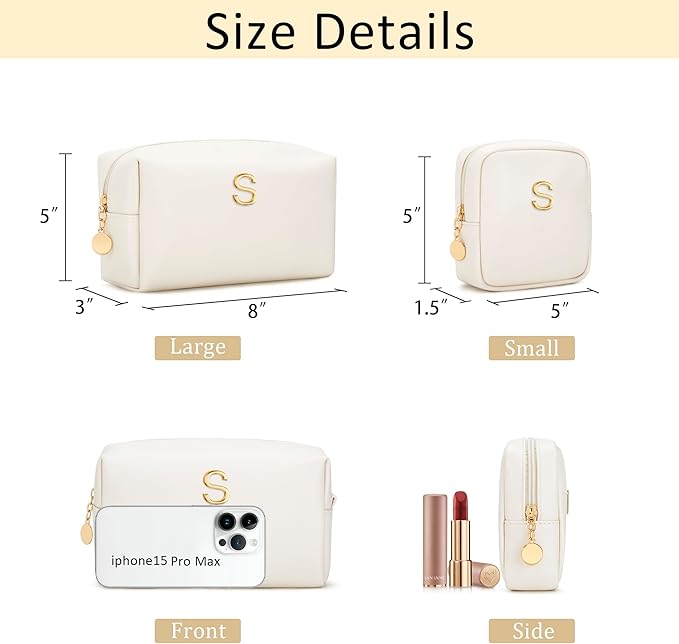 Personalized Christmas Gifts for Women - Initial Makeup Bag Birthday Gifts for Women Travel Toiletry Bag Cosmetic Bags with Soft PU Leather (Beige S)