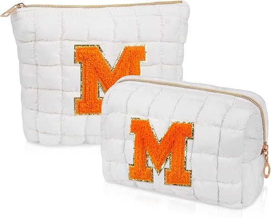 2PCS Initial Checkered Makeup Bag, Large Quilted Cosmetic Bag, Cute Make up Pouch for Purse, Travel Toiletry Storage Bag for Women Preppy Teen Girls Gift Trendy Stuff Gift (White M)