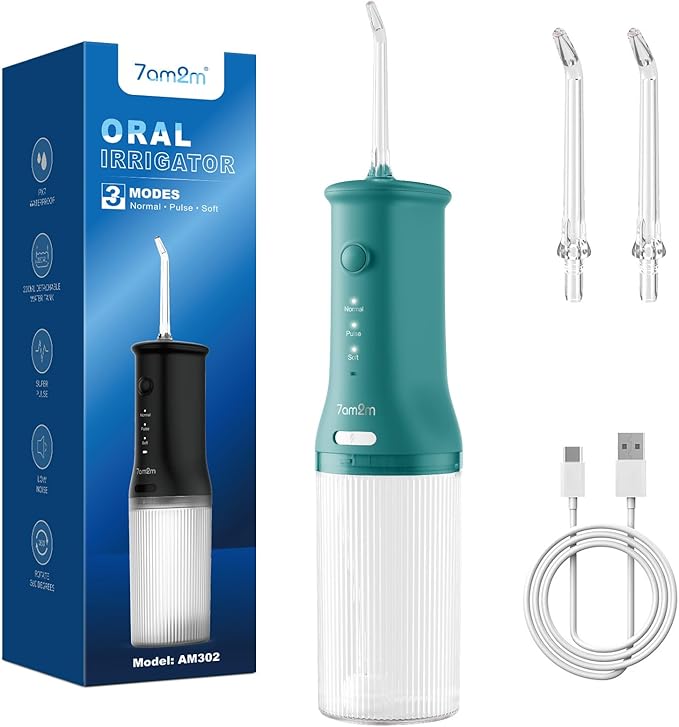 7AM2M Portable Water Flosser Cordless, Water Flosser for Teeth with 3 Modes and 2 Jet Tips, USB C Rechargeable, IPX7 Waterproof, Dental Water Flosser for Travel and Home Use (Peacock Green)