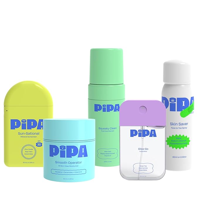 Pipa Ultimate Bundle – Complete 5-Step Routine with Gentle Cleanser, Hydrating Mist, Lightweight Moisturizer, Hypochlorous Acid Spray & Mineral Sunscreen – Safe Skincare for Kids
