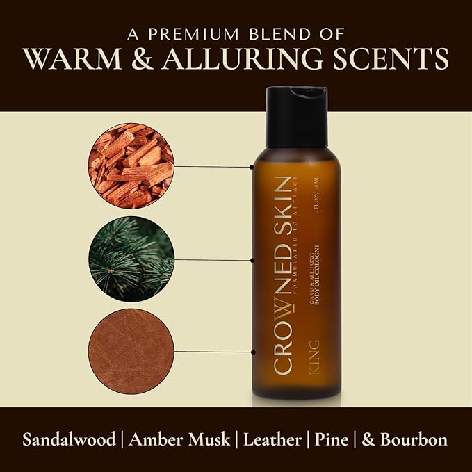 Crowned Skin King and Reign Body Oil Cologne Bundle | New Moisturizing Formula | Skin Care Set with Sandalwood, Leather, Fresh, and Nautical Scents | Natural Shea & Mango Butters | All-Day Fragrance