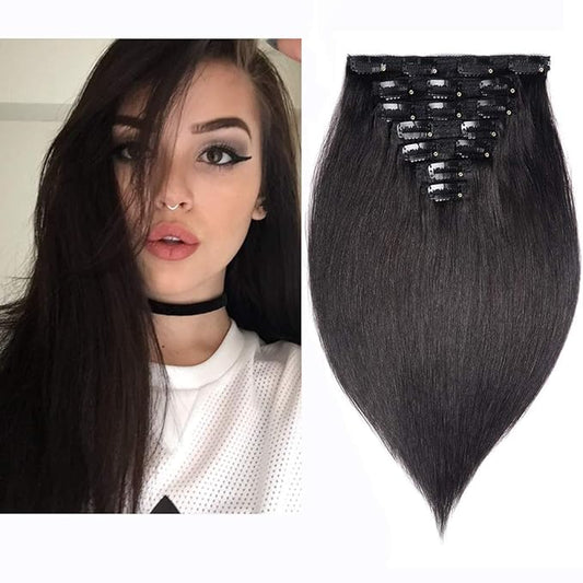 20" Clip in Human Hair Extensions Full Head 180g 7 Pieces 16 Clips Natural Black Double Weft Brazilian Real Remy Hair Extensions Thick Straight Silky (20" 180g, #1B)