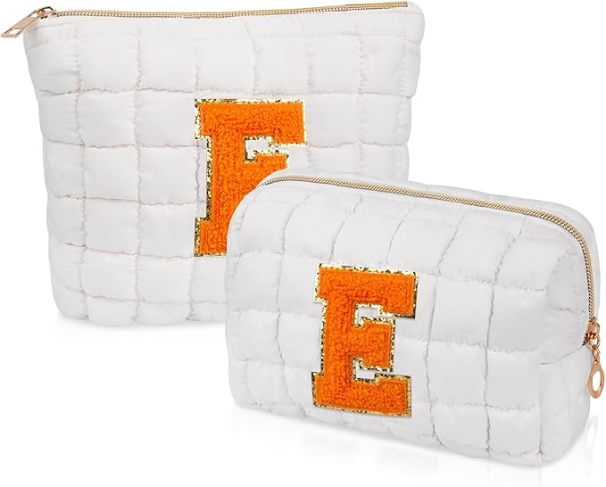 2PCS Initial Checkered Makeup Bag, Large Quilted Cosmetic Bag, Cute Make up Pouch for Purse, Travel Toiletry Storage Bag for Women Preppy Teen Girls Gift Trendy Stuff Gift (White E)