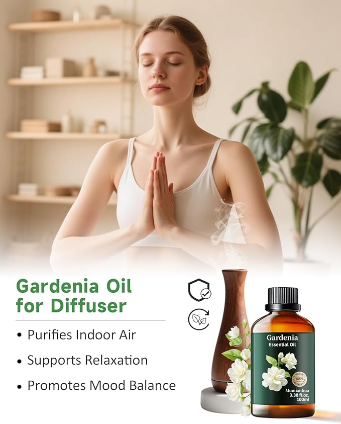 Gardenia Essential Oil Pure, Mumianhua Natural Gardenia Oil for Reed Diffuser, Air Freshener, Skin, Hair, Laundry & Women's Perfume, Candles Making 3.38 Fl Oz