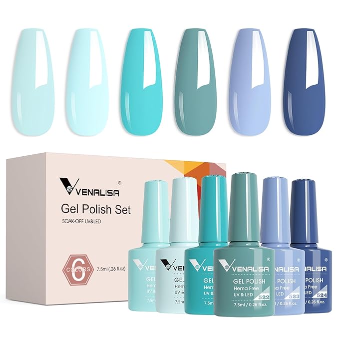 VENALISA Blue Gel Nail Polish Set, 6 Colors Light Blue Gel Polish UV Soak Off For Nail Salon DIY Home Manicure