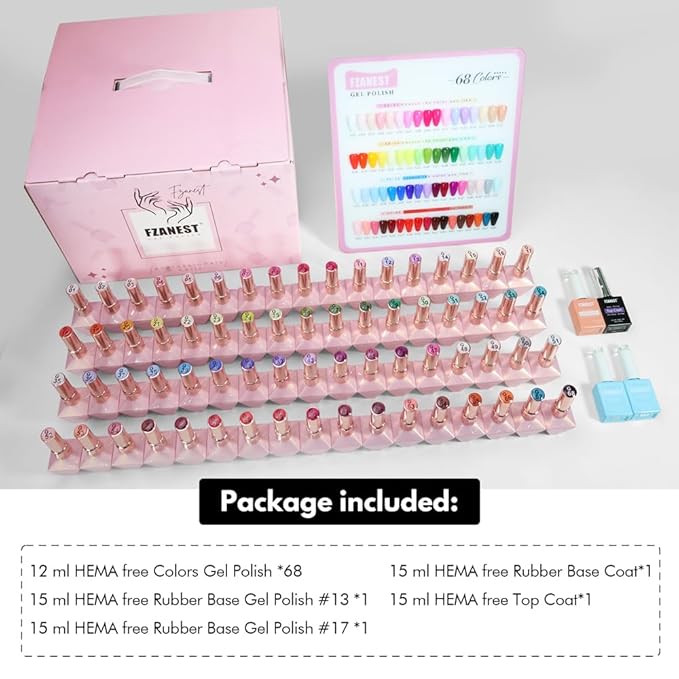 FZANEST HEMA-Free Gel Nail Polish Set, Tpo-free 72pcs 12ML High Shine Top Coat Base Builder Gel With 68 Bright Colors Nude Pink Red White Black All Seasons Gel Polish Kit For Home DIY Nail Salon Use