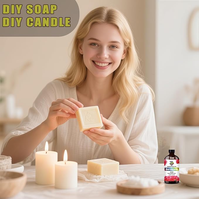 Geranium Essential Oil (4 oz/120 ml) — Geranium Oils for Aromatherapy, diffusers, humidifiers, Home fragrances, DIY Skincare, soap Making, DIY Candle, Relaxation, Yoga, and Meditation