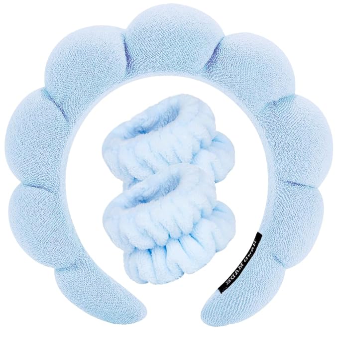 Spa Headbands for Washing Face Wristband Set Sponge Makeup Skincare Headband Wrist Towels Bubble Soft Terry Towel Cloth Hairband for Women Puffy Headwear Non Slip Thick Thin Hair Headwear (Blue)