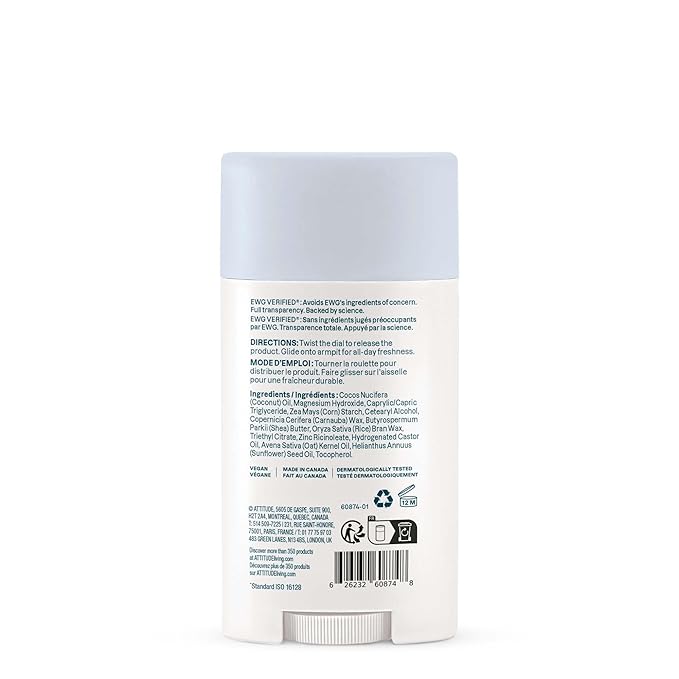 ATTITUDE Deodorant for Sensitive Skin, Aluminum Free & Baking Soda Free, Gentle & Vegan, Long-Lasting Odor Protection, Unscented, 2.64 Oz