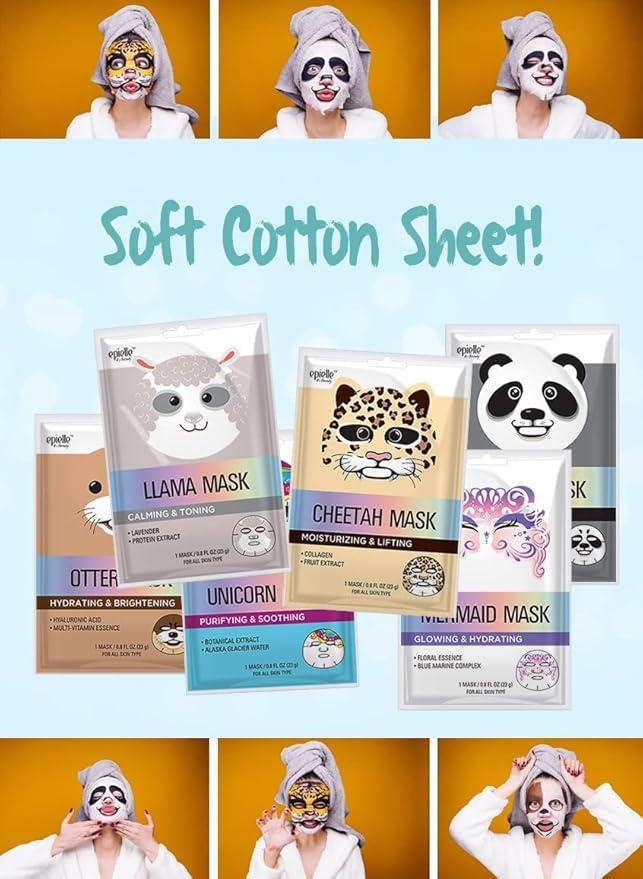 Epielle Character Face Mask Cheetah 6 Pack, Fun & Effective Korean Skin Care, Spa Party Favors, Stocking Stuffers, Birthday Gifts for Women, Thanksgiving Essentials
