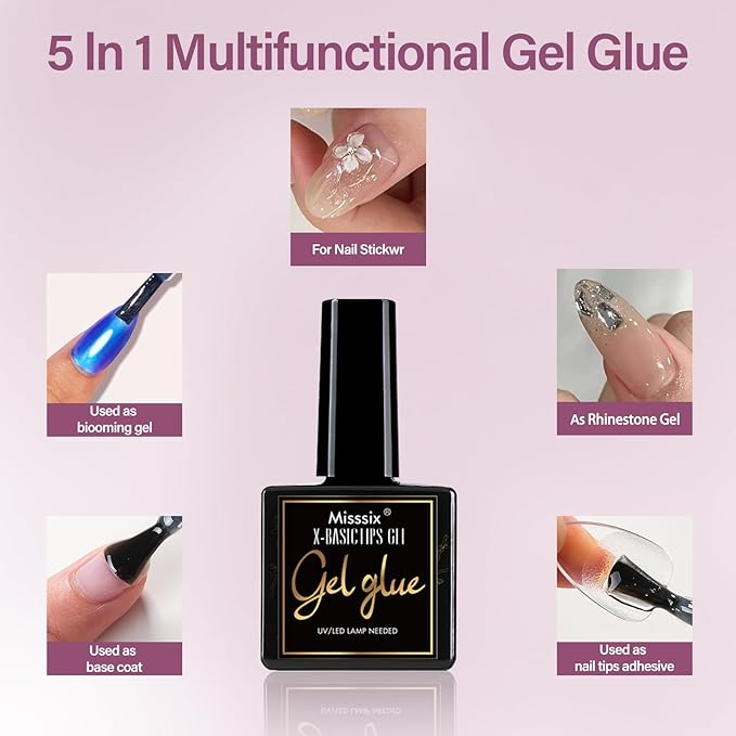 Misssix Short Square Gel Nail Tips Kit, 216Pcs Pre Etched Clear gel x Fake Nails, Full Cover False Nail 9-in-1 Gel Glue and Portable Mini U V Nail Lamp for Women 12 Sizes