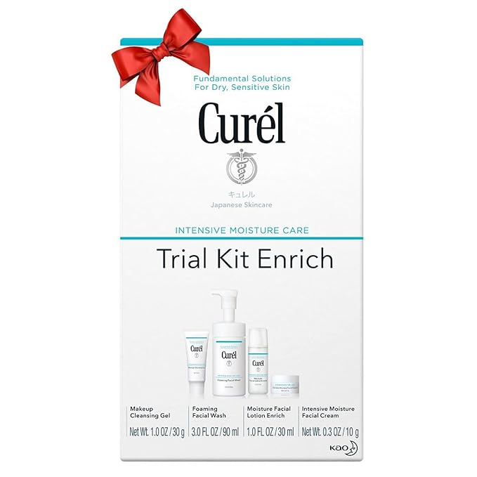 Curel Japanese Skin Care Trial Kit, Cleansing Gel, Foaming Face Wash, Facial Lotion, Facial Cream with Ceramides for Dry, Sensitive Skin, Travel Size, Cruise Ship Essentials, Fragrance & Alcohol Free