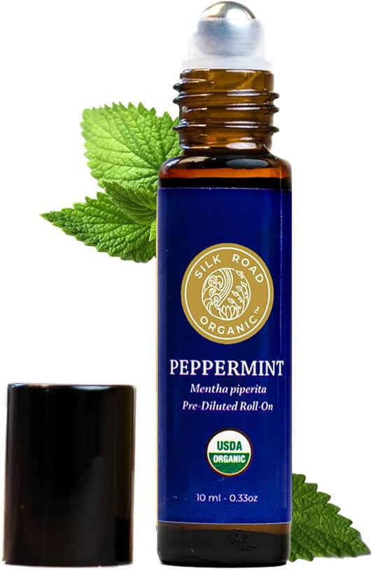 Silk Road Organic Peppermint Essential Oil Roll On, USDA Certified, for Morning Sickness, Motion Sickness & Nausea - 10 ml Aromatherapy Roller