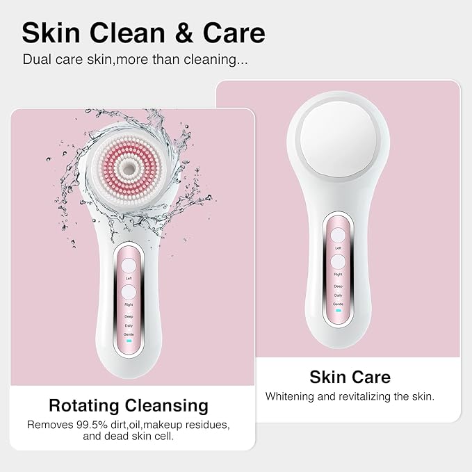 Face Scrubber Exfoliator, Rechargeable Facial Cleansing Brush with 2-Way Rotation & 3 Modes, 30-Day Runtime, 5 Brush Heads for SPA-Level Care, IPX7 Waterproof, Deep Cleaning for All Skin Types