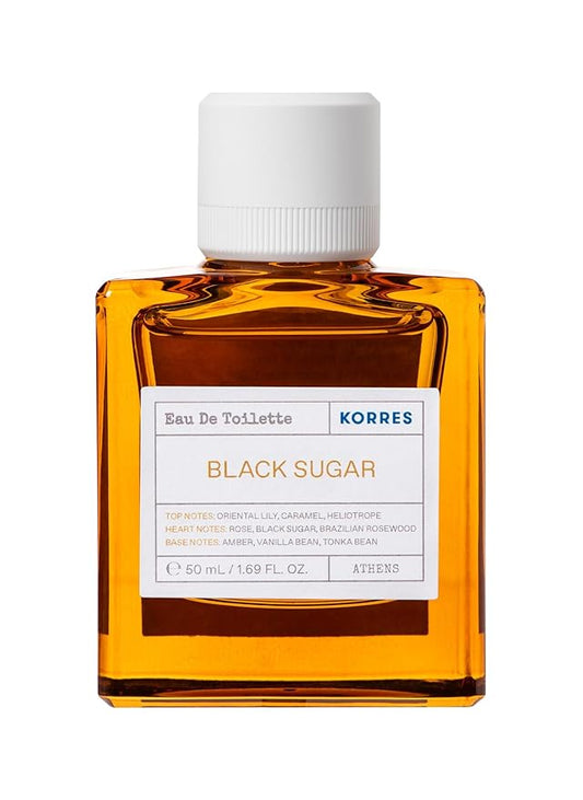 KORRES Eau De Toilette, Black Sugar Fragrance Spray, Unisex Perfume Featuring Oriental Lily, Caramel, Heliotrope, Rose, Brazilian Rosewood, Amber, Vanilla, Tonka, Ambery Floral Scent, 1.69 Fl Oz
