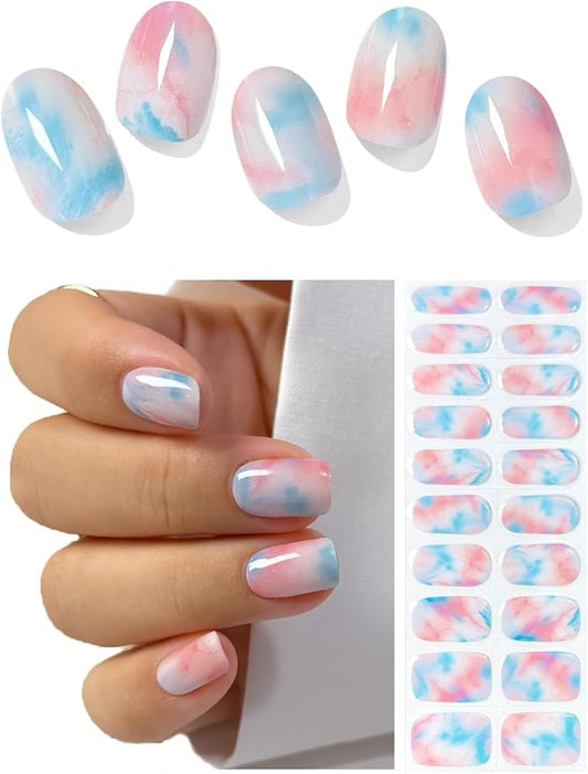 Semi Cured Gel Nail Strips (Sunset Cloud), Blue Red Omber, 20 Pcs Gel Nail Wraps, Stickers, Salon Quality, Works With Any Lamps